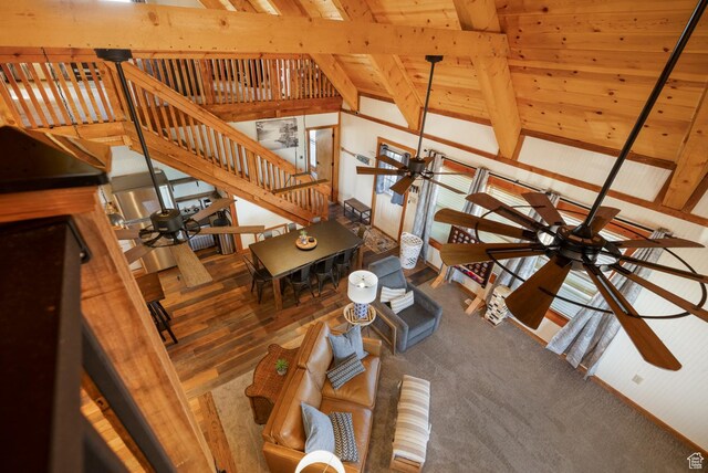 9742 S Crk 29, Duchesne, UT 84021 - living area featuring stairway, a ceiling fan, wooden ceiling, and vaulted ceiling with beams