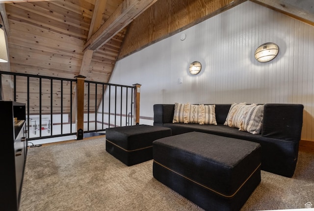 9742 S Crk 29, Duchesne, UT 84021 - living area with wood ceiling, carpet flooring, high vaulted ceiling, and beamed ceiling