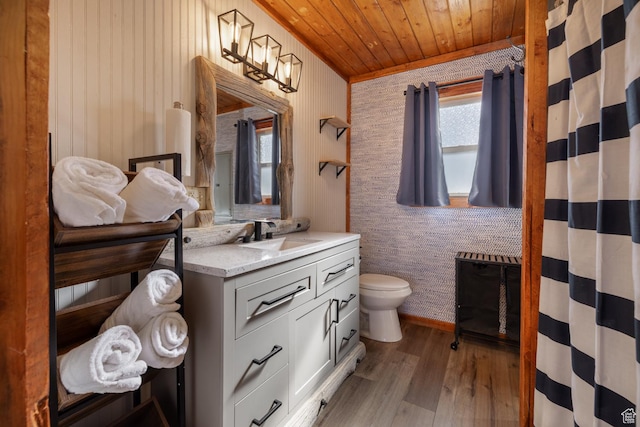 9742 S Crk 29, Duchesne, UT 84021 - full bathroom with wood finished floors, vanity, wood ceiling, a shower with curtain, and toilet