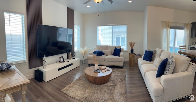 4694 E Lake Corner Dr, Eagle Mountain, UT 84005 - living area with recessed lighting, dark wood-style floors, baseboards, and ceiling fan