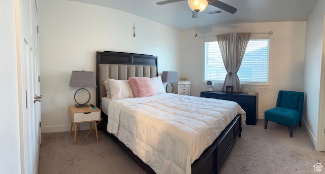 4694 E Lake Corner Dr, Eagle Mountain, UT 84005 - bedroom featuring light carpet, visible vents, ceiling fan, and baseboards