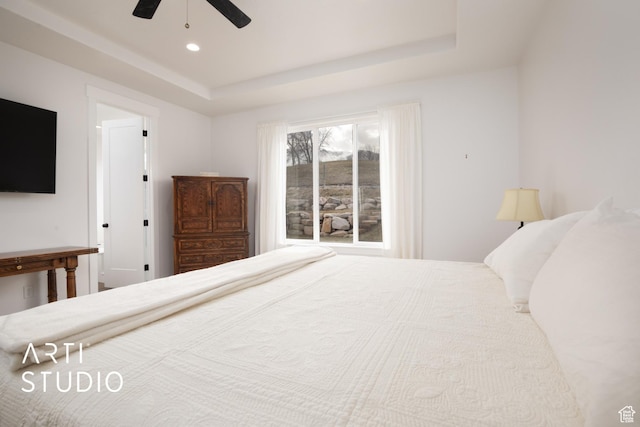 429 W Olympic Ln, Elk Ridge, UT 84651 - bedroom with ceiling fan, a raised ceiling, and recessed lighting