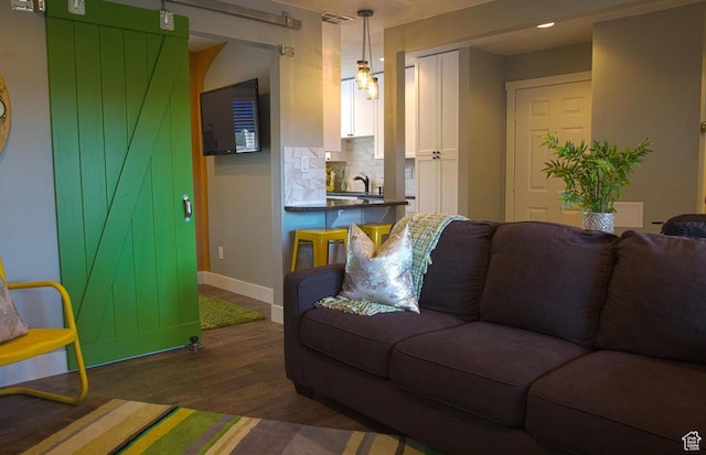 living room featuring dark hardwood / wood-style floors and sink