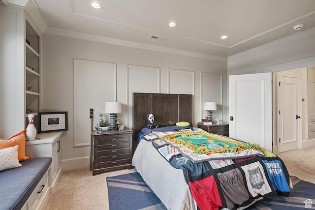 carpeted bedroom featuring ornamental molding
