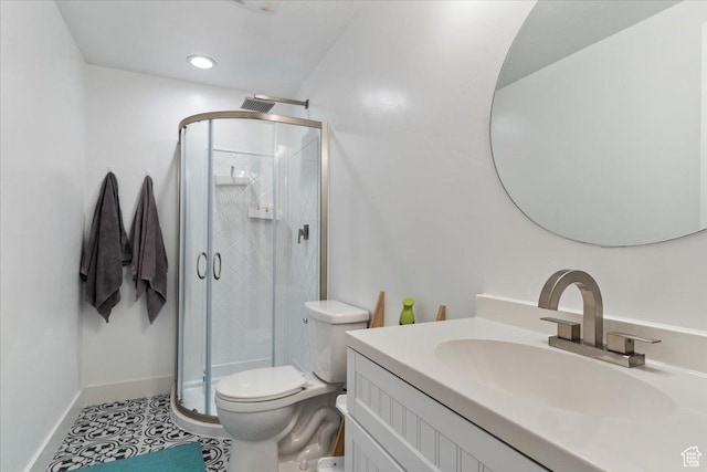 7160 S 1100 E, South Weber, UT 84405 - bathroom featuring vanity, tile patterned flooring, a shower with door, and toilet