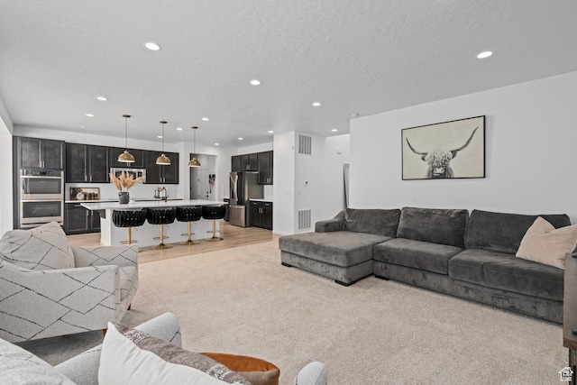 living room with sink, a textured ceiling, and light wood-type flooring