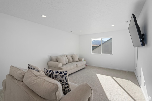 carpeted living room with a textured ceiling