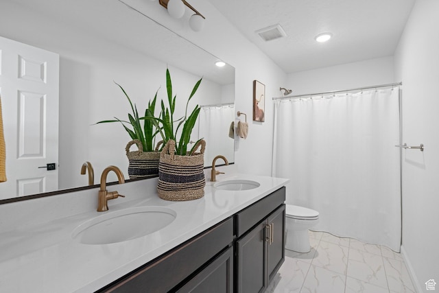 bathroom featuring a shower with curtain, vanity, and toilet