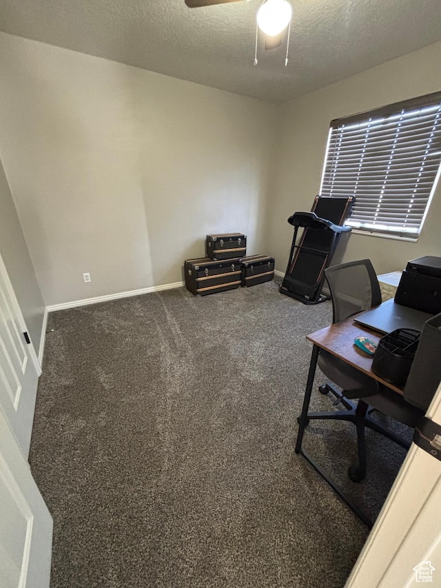 office space with carpet, baseboards, ceiling fan, and a textured ceiling