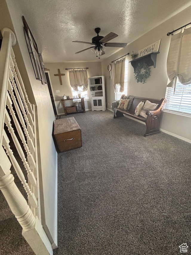 living area featuring a textured ceiling, ceiling fan, healthy amount of natural light, carpet flooring, and baseboards