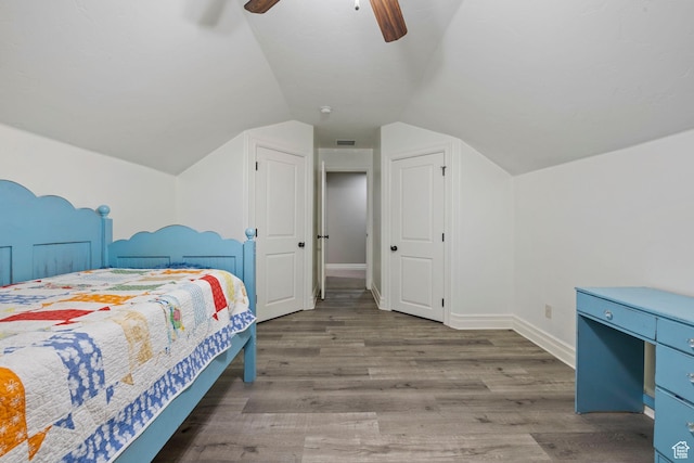 1532 W 3500 N, Pleasant Grove, UT 84062 - bedroom with wood finished floors, vaulted ceiling, ceiling fan, and baseboards