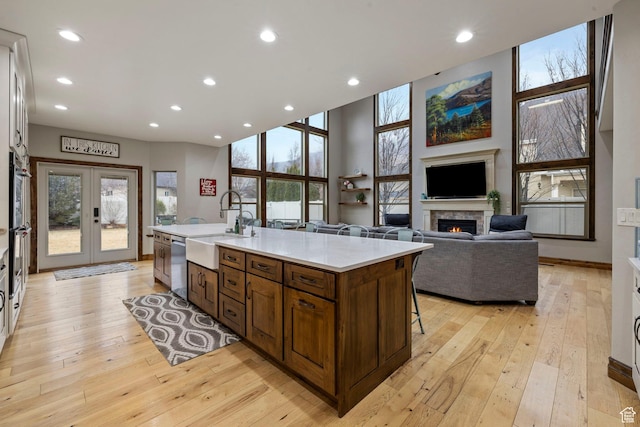 1532 W 3500 N, Pleasant Grove, UT 84062 - kitchen with a sink, appliances with stainless steel finishes, a lit fireplace, french doors, and a kitchen island with sink