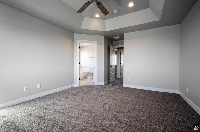1357 N 450 W Unit 50, Brigham City, UT 84302 - unfurnished bedroom with ceiling fan, connected bathroom, carpet flooring, and a raised ceiling