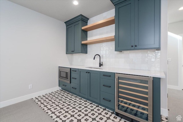 2998 N 1080 W, Lehi, UT 84043 - kitchen with stainless steel microwave, wine cooler, tasteful backsplash, a sink, and open shelves