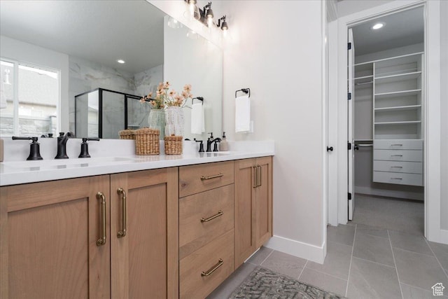 2998 N 1080 W, Lehi, UT 84043 - bathroom with tile patterned flooring, a walk in closet, a shower stall, a sink, and double vanity