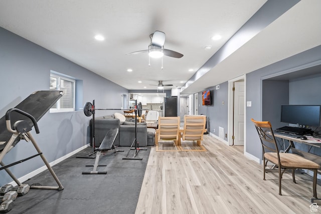 2283 E 7925 S, South Weber, UT 84405 - exercise room featuring baseboards, a ceiling fan, recessed lighting, and light wood-style flooring