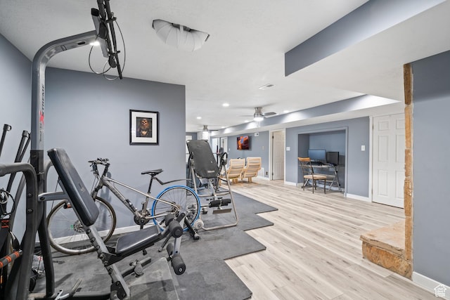 2283 E 7925 S, South Weber, UT 84405 - exercise area featuring a ceiling fan, baseboards, recessed lighting, and light wood-type flooring