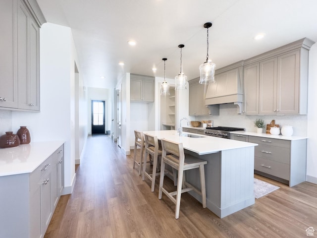 kitchen featuring light wood-type flooring, a sink, premium range hood, and gray cabinetry
