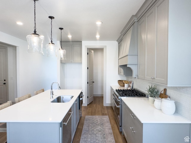 kitchen with appliances with stainless steel finishes, a sink, dark wood finished floors, an island with sink, and gray cabinets