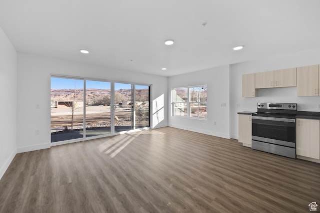kitchen with electric stove, a mountain view, dark wood-type flooring, and light brown cabinets