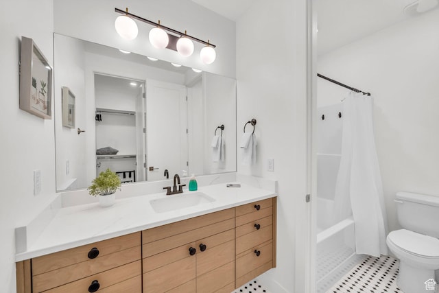 full bathroom with vanity, shower / bath combination with curtain, and toilet