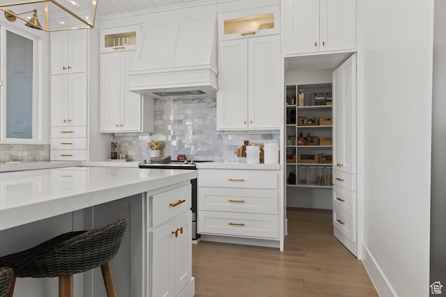 kitchen featuring tasteful backsplash, light wood-style floors, premium range hood, and stainless steel range with electric cooktop