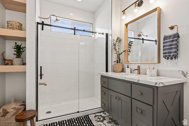 bathroom featuring a stall shower and vanity