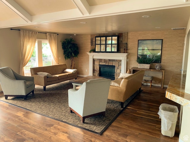 113 E Watson Dr S, Saratoga Springs, UT 84045 - living room featuring a fireplace, dark wood-type flooring, and beamed ceiling