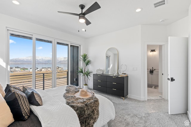 113 E Watson Dr S, Saratoga Springs, UT 84045 - carpeted bedroom with access to exterior, ceiling fan, and a water view