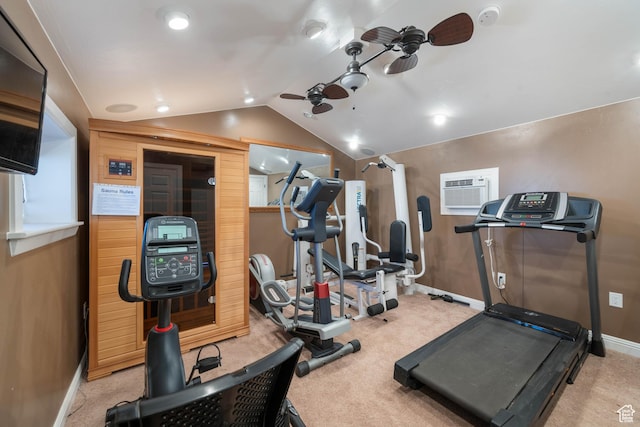 75 N 200 W, Kanab, UT 84741 - workout area featuring light carpet, a wall mounted air conditioner, vaulted ceiling, and ceiling fan