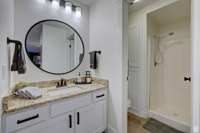 407 S Vasels Rd Unit 8, Brian Head, UT 84719 - bathroom featuring toilet, hardwood / wood-style floors, vanity, and walk in shower
