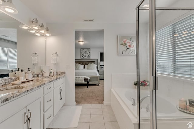 739 W Wild Hyacinth Dr, Saratoga Springs, UT 84045 - bathroom with vanity, tile patterned floors, and separate shower and tub
