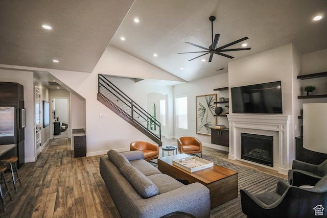 3780 Arcadia Dr Unit 51, Santa Clara, UT 84765 - living room featuring vaulted ceiling, hardwood / wood-style floors, and ceiling fan