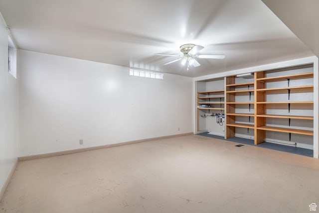 basement featuring ceiling fan