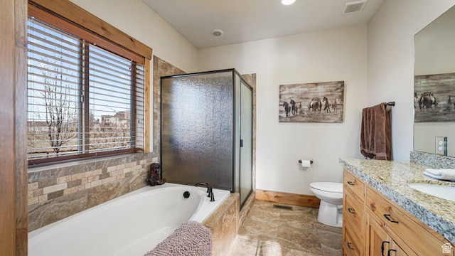 6668 S 3200 W, Spanish Fork, UT 84660 - full bathroom featuring a bath, visible vents, a stall shower, baseboards, and vanity