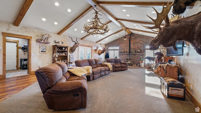 6668 S 3200 W, Spanish Fork, UT 84660 - living area with recessed lighting, lofted ceiling with beams, wood finished floors, and a wood stove