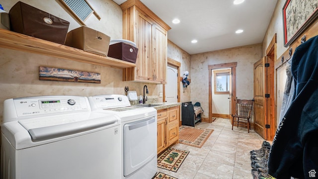 6668 S 3200 W, Spanish Fork, UT 84660 - washroom with washer and dryer, baseboards, recessed lighting, a sink, and cabinet space