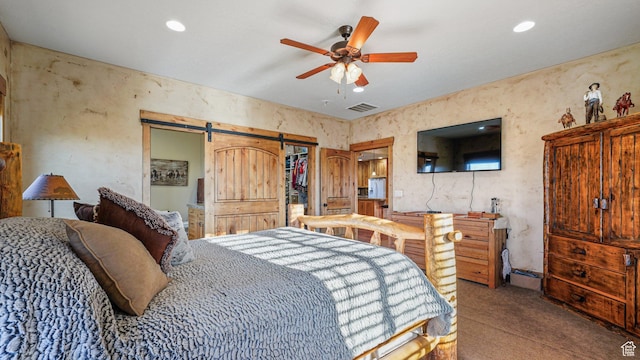 6668 S 3200 W, Spanish Fork, UT 84660 - bedroom with a barn door, carpet, a ceiling fan, recessed lighting, and visible vents