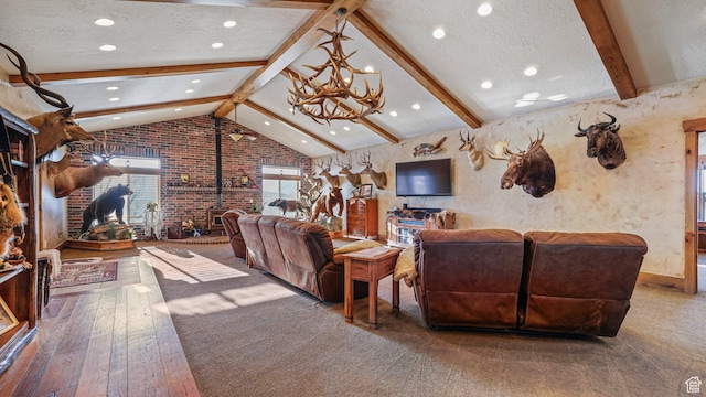 6668 S 3200 W, Spanish Fork, UT 84660 - living area featuring brick wall, a textured ceiling, a wood stove, a chandelier, and vaulted ceiling with beams