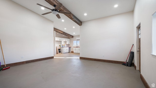 6668 S 3200 W, Spanish Fork, UT 84660 - unfurnished living room with baseboards, recessed lighting, concrete flooring, and a ceiling fan