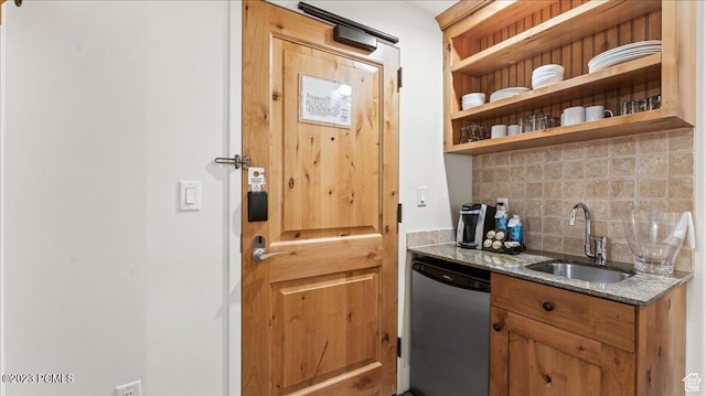 1476 Newpark Blvd Unit 302, Park City, UT 84098 - bar with dark stone countertops, sink, decorative backsplash, and dishwasher