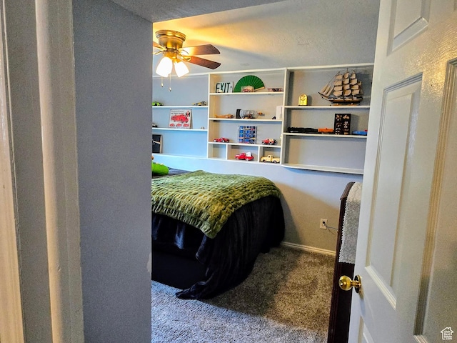 bedroom featuring carpet flooring and ceiling fan