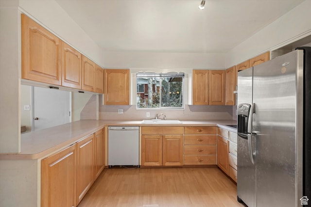 1320 Country Hills Dr, Ogden, UT 84403 - kitchen featuring sink, stainless steel fridge with ice dispenser, light hardwood / wood-style flooring, white dishwasher, and kitchen peninsula