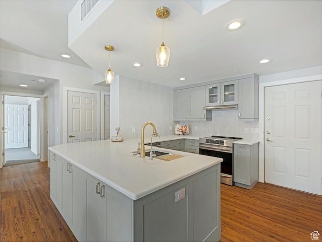 900 Bitner Rd Unit K17, Park City, UT 84098 - kitchen with sink, decorative light fixtures, gray cabinets, kitchen peninsula, and electric stove