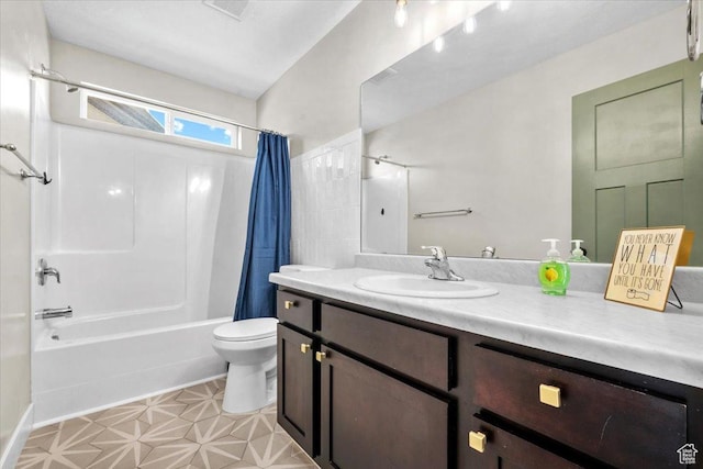 full bathroom with shower / bathtub combination with curtain, vanity, and toilet