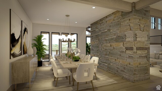 460 E Big Dutch Dr, Heber City, UT 84032 - dining area with beamed ceiling, light wood-type flooring, and a chandelier