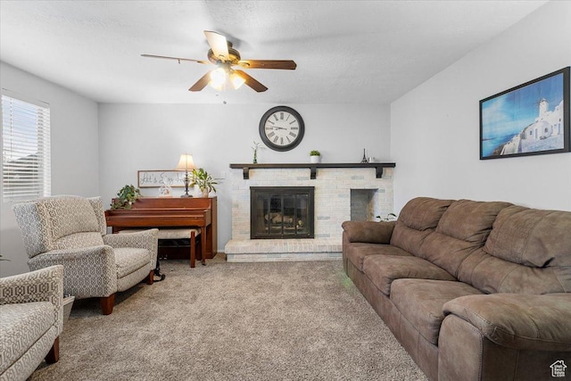 180 W 300 S, Fillmore, UT 84631 - living room featuring ceiling fan, carpet flooring, a textured ceiling, and a fireplace