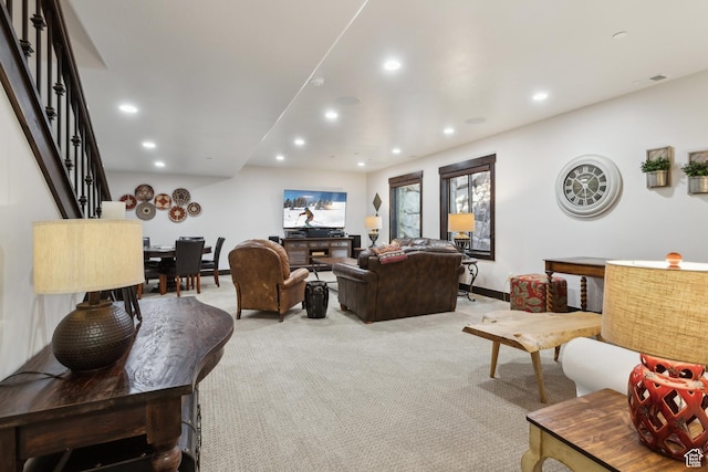 living room with light carpet