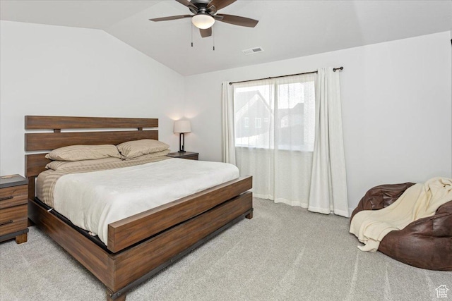 1088 N Freeman Dr, Saratoga Springs, UT 84045 - bedroom with light colored carpet, lofted ceiling, a ceiling fan, and visible vents