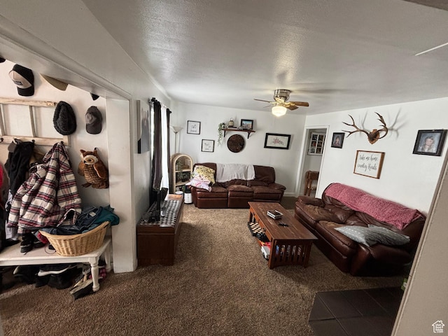 353 S 9th St, Montpelier, ID 83254 - living room featuring carpet, a ceiling fan, and a textured ceiling